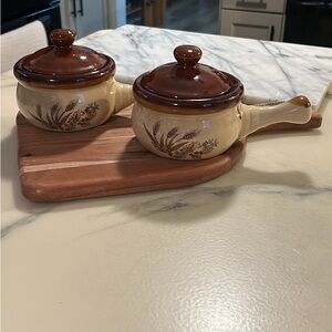 Rare Find Vintage Ceramic Soup Bowls with Lids - Brown and Cream Wheat Motif